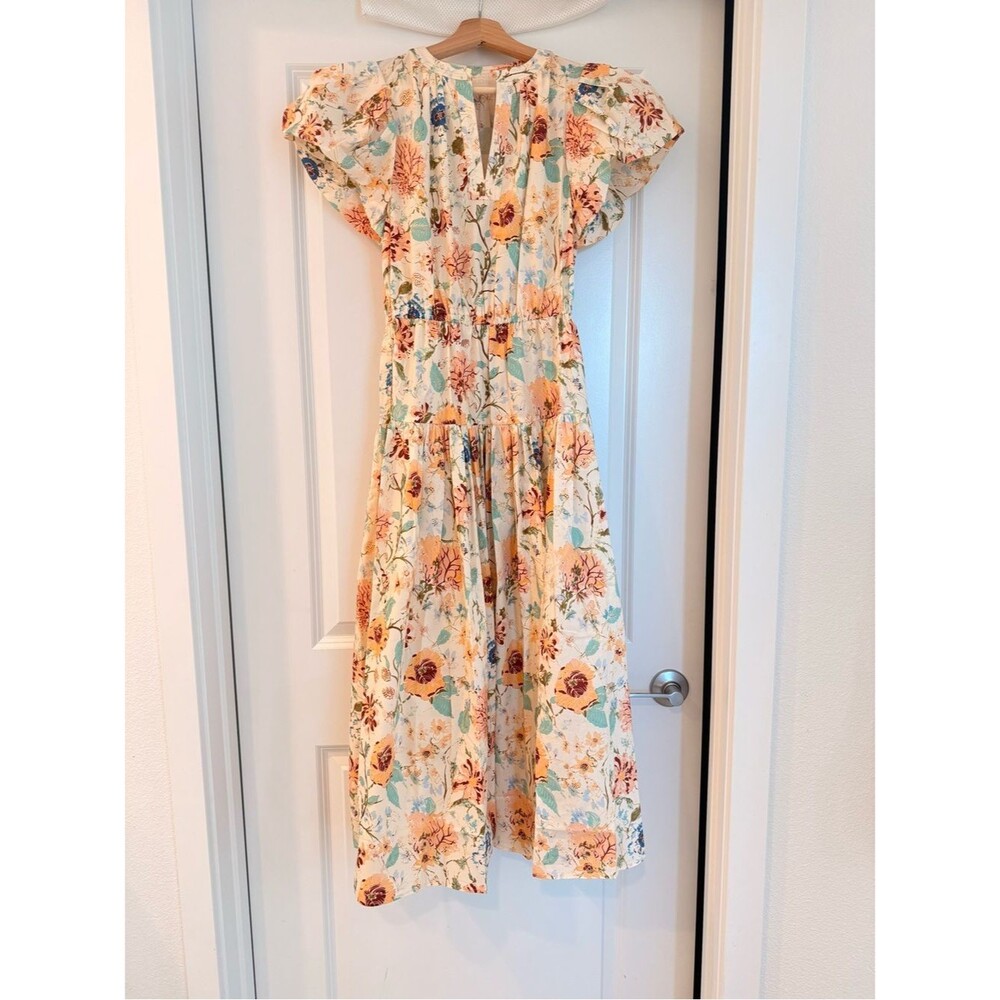 New ULLA JOHNSON Marin Cotton Floral Multicolor Pleated Ruffle-Sleeve Midi Dress - Picture 6 of 13